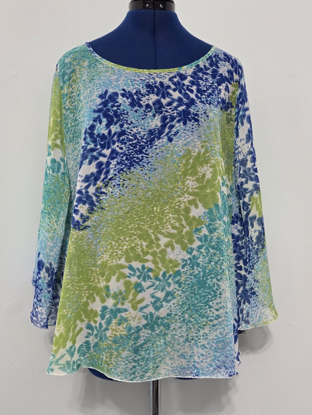 Colorful Floral Chiffon Poncho Blouse Size L